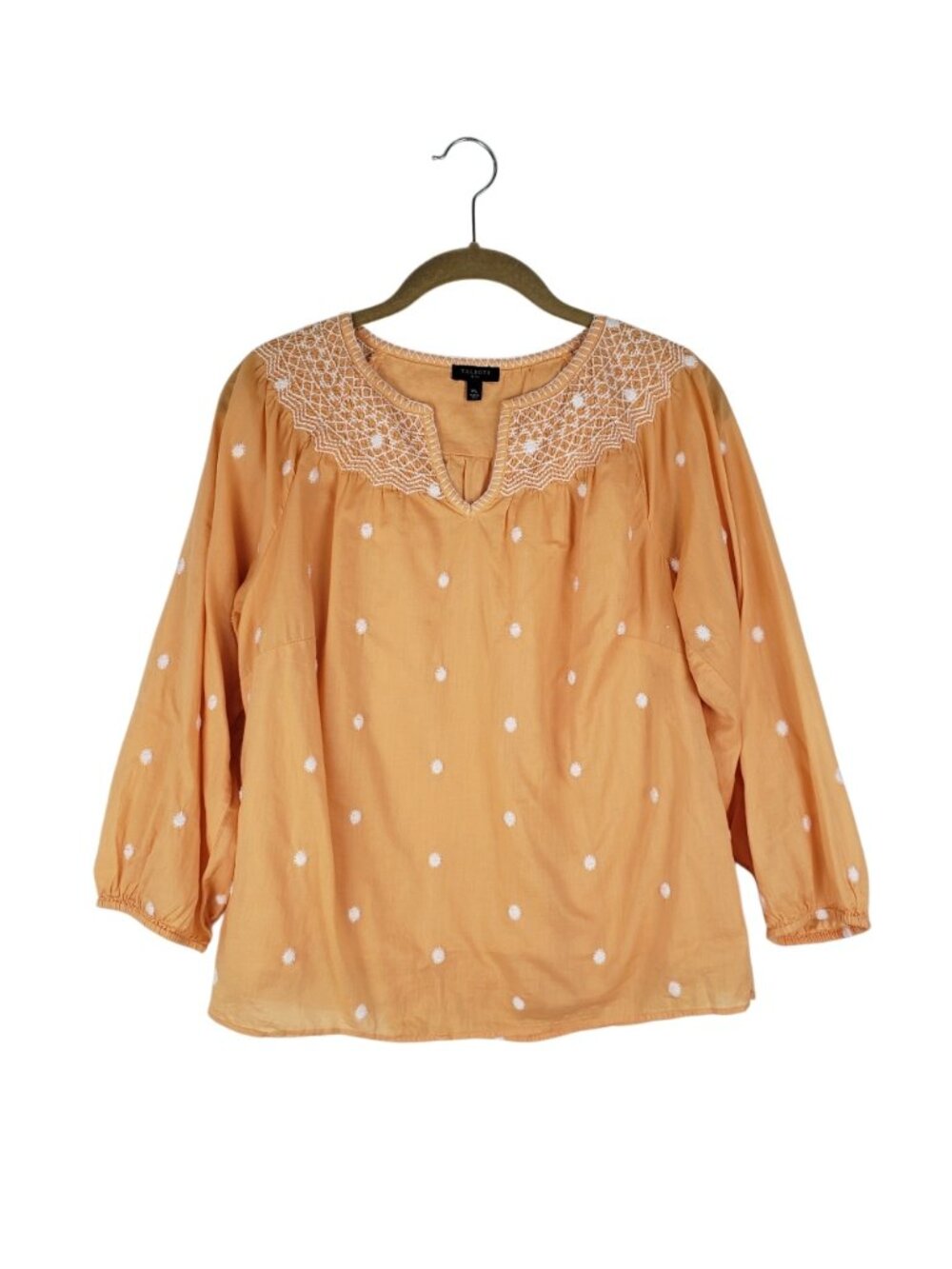 Talbots Embroidered Smocked Top Orange Sunrise Dot Cotton Peasant Womens MP